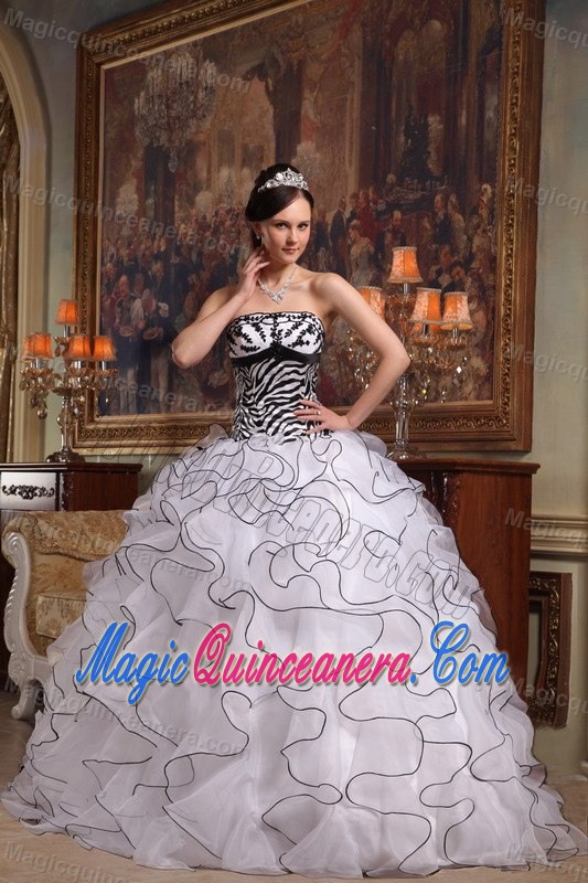 Zebra Print White and Black Quinceanera Dress Appliques Ruffles