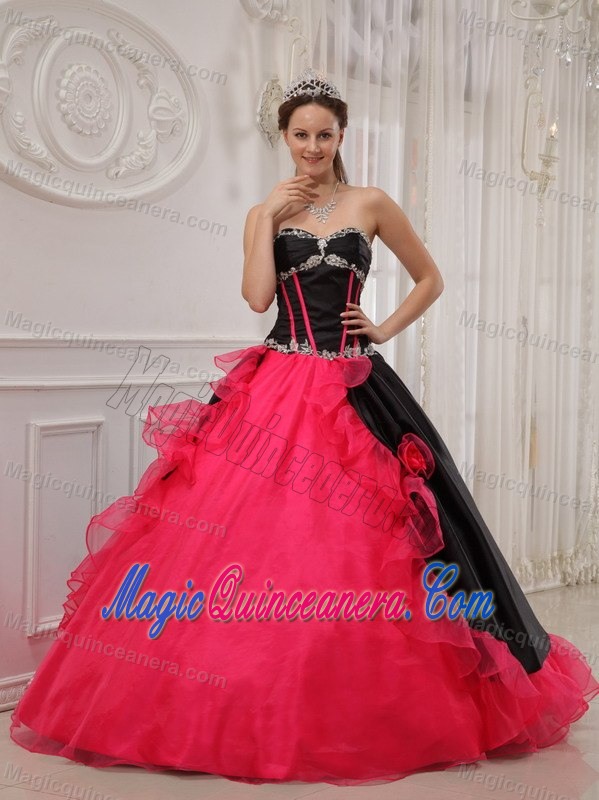 Black and Coral Red Quinceanera Dress with Appliques and Ruffles