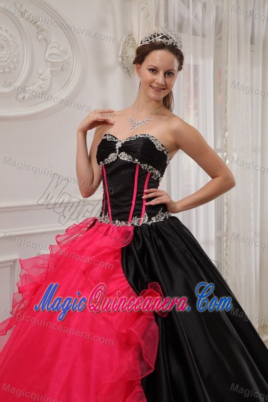 Black and Coral Red Quinceanera Dress with Appliques and Ruffles