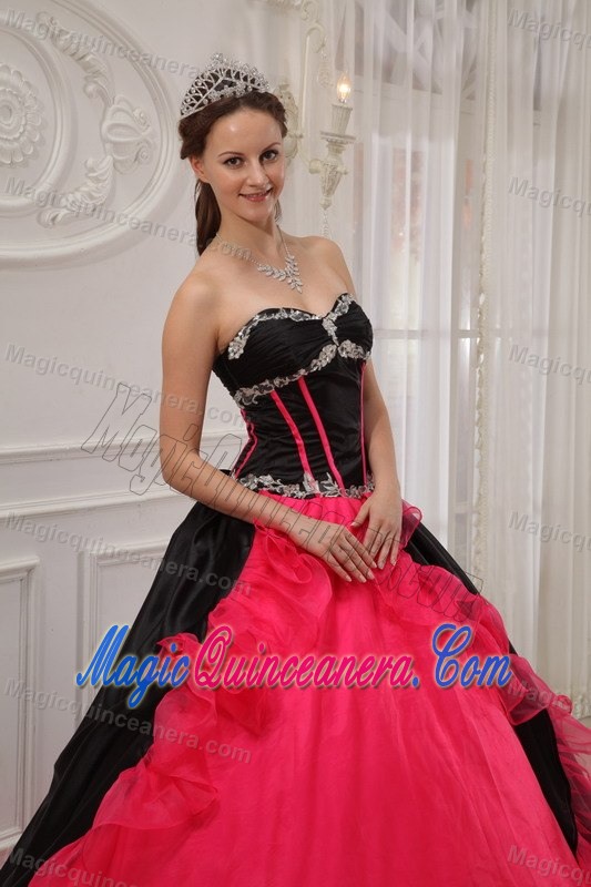 Black and Coral Red Quinceanera Dress with Appliques and Ruffles