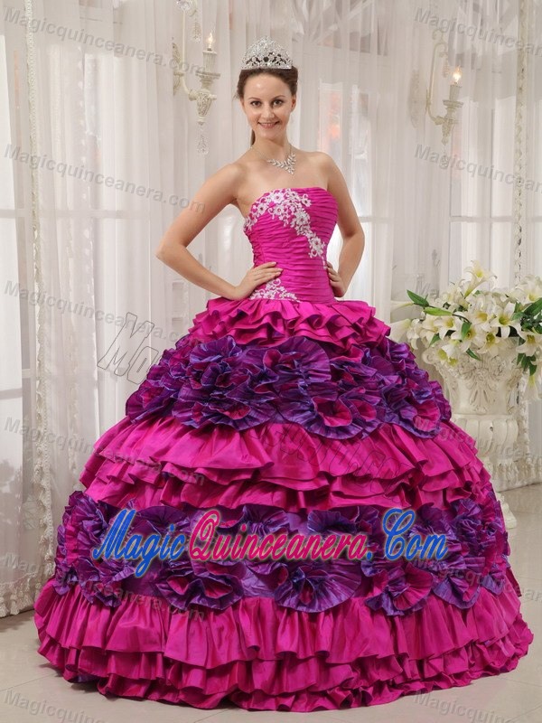 Appliques Ruffles Strapless Quinceanera Gown Dresses in Hot Pink