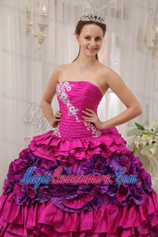 Appliques Ruffles Strapless Quinceanera Gown Dresses in Hot Pink