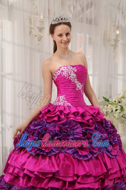 Appliques Ruffles Strapless Quinceanera Gown Dresses in Hot Pink