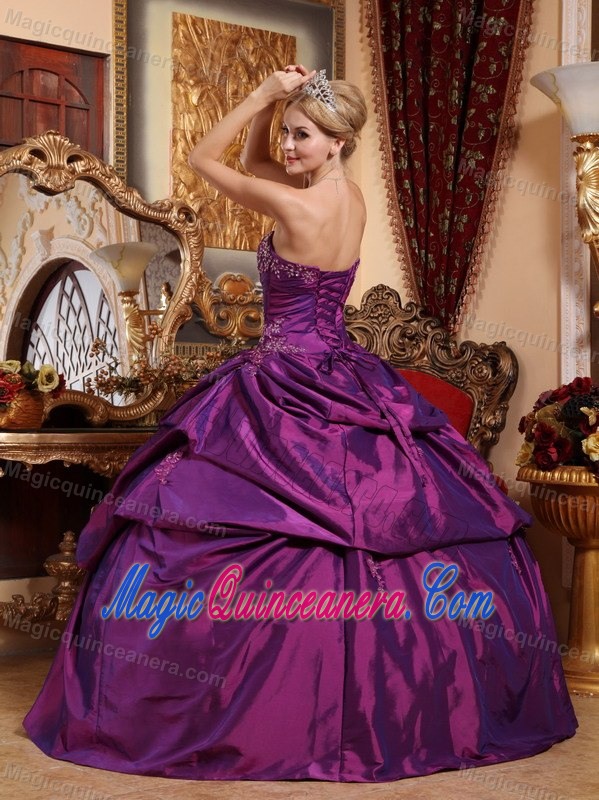 Eggplant Purple Taffeta Quinceanera Gown with Pick ups and Beading