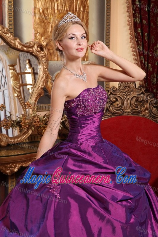 Eggplant Purple Taffeta Quinceanera Gown with Pick ups and Beading