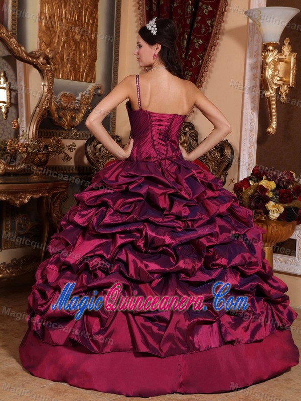 Best Beaded One Shoulder Pick ups Quinceanera Gowns in Burgundy