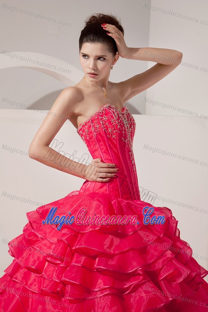Appliqued and Ruffled Coral Red Quinces Dresses with Brush Train