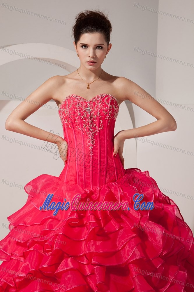 Appliqued and Ruffled Coral Red Quinces Dresses with Brush Train