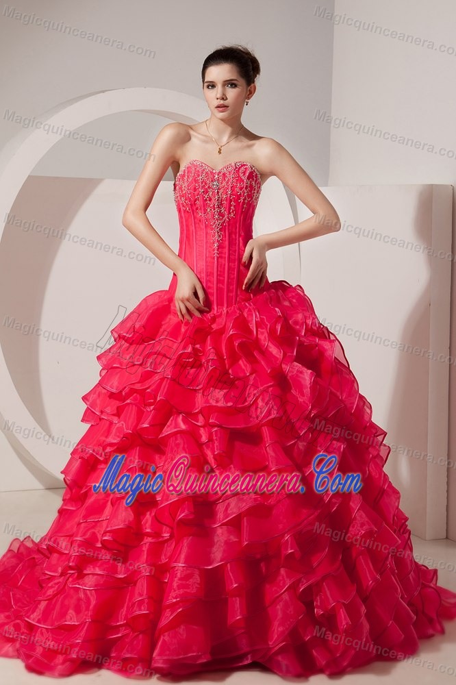 Appliqued and Ruffled Coral Red Quinces Dresses with Brush Train