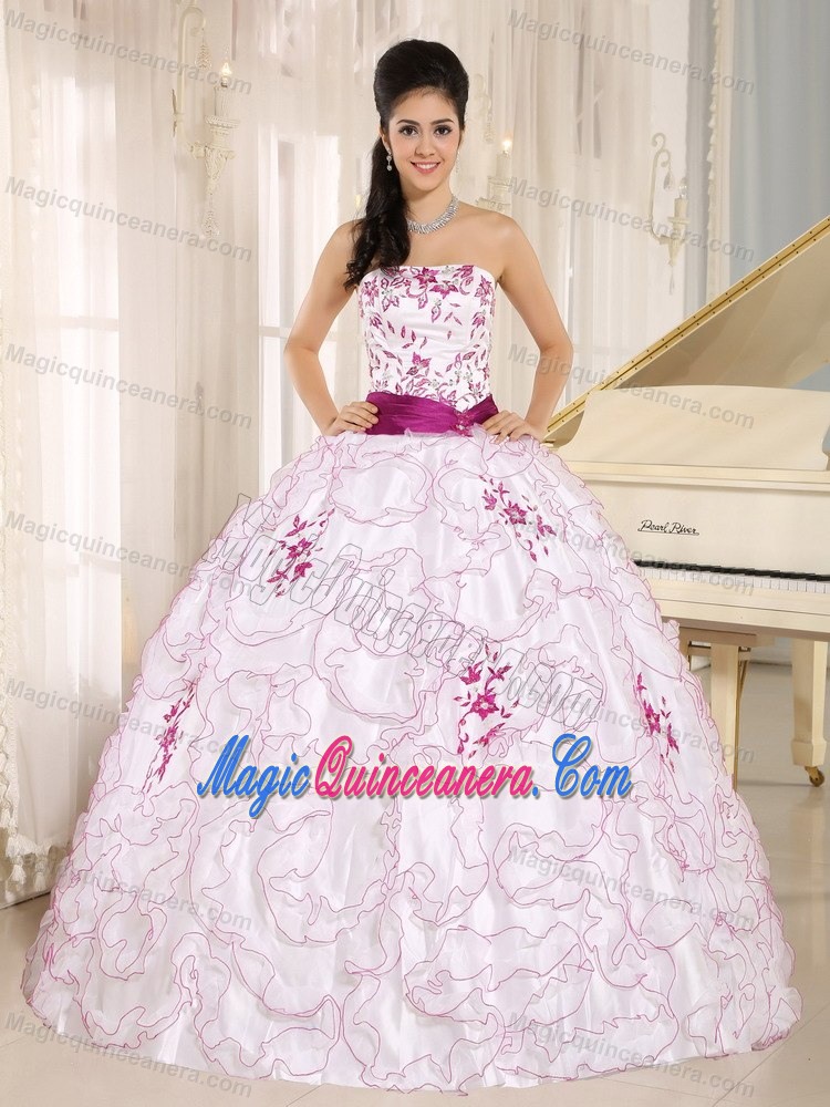 White Strapless Quinces Dresses with Frilly Ruffles and Embroidery