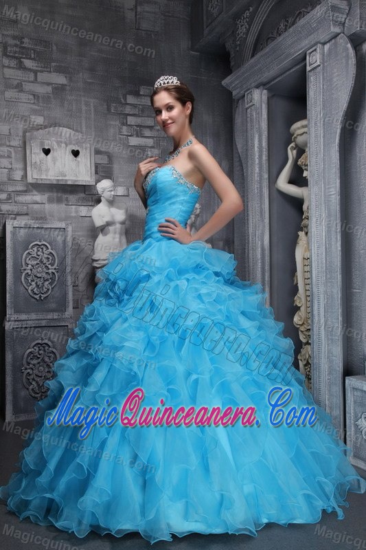 Appliqued Blue Organza Quinceanera Dresses with Ruffled Layers