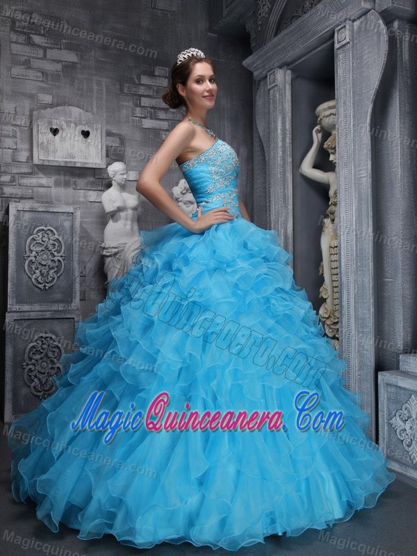Appliqued Blue Organza Quinceanera Dresses with Ruffled Layers