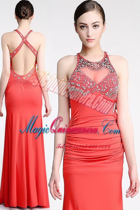 triumph Watermelon Red Column/Sheath Scoop Sleeveless Chiffon Floor Length Criss Cross Beading Mother Of The Bride Dress