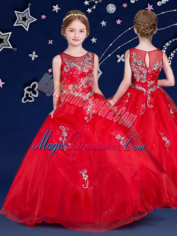 triumph Ball Gowns High School Pageant Dress Red Scoop Organza Sleeveless Floor Length Zipper