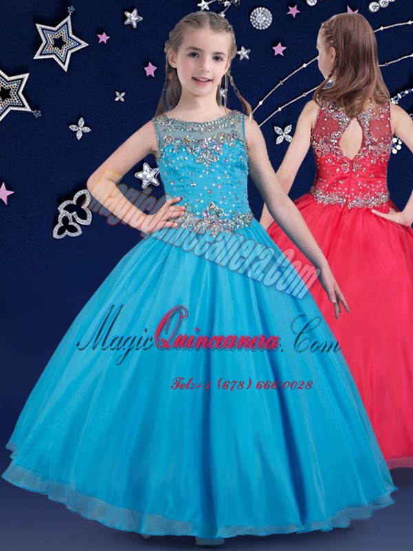 triumph Scoop Baby Blue Ball Gowns Beading Pageant Dress for Womens Zipper Organza Sleeveless Floor Length