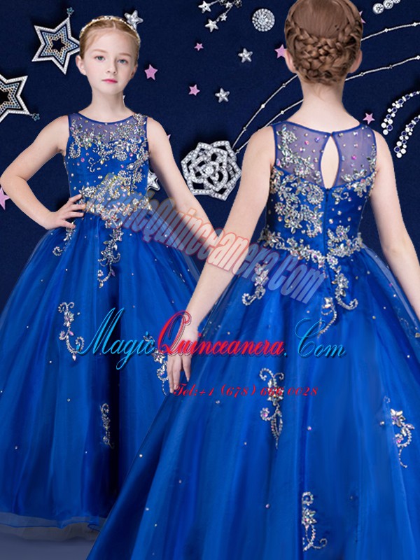 triumph Pretty Scoop Royal Blue Sleeveless Floor Length Beading and Appliques Zipper Little Girls Pageant Dress Wholesale