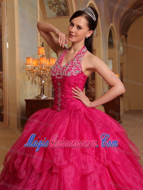 Beaded Halter Red Organza Quinceanera Dress in Sao Paulo Brazil