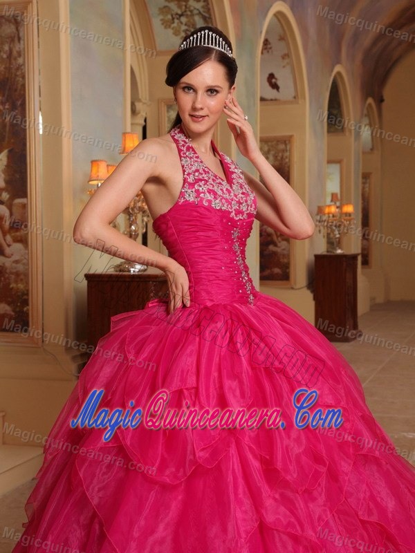 Beaded Halter Red Organza Quinceanera Dress in Sao Paulo Brazil