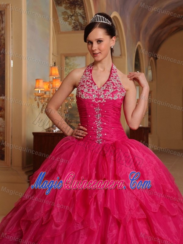 Beaded Halter Red Organza Quinceanera Dress in Sao Paulo Brazil