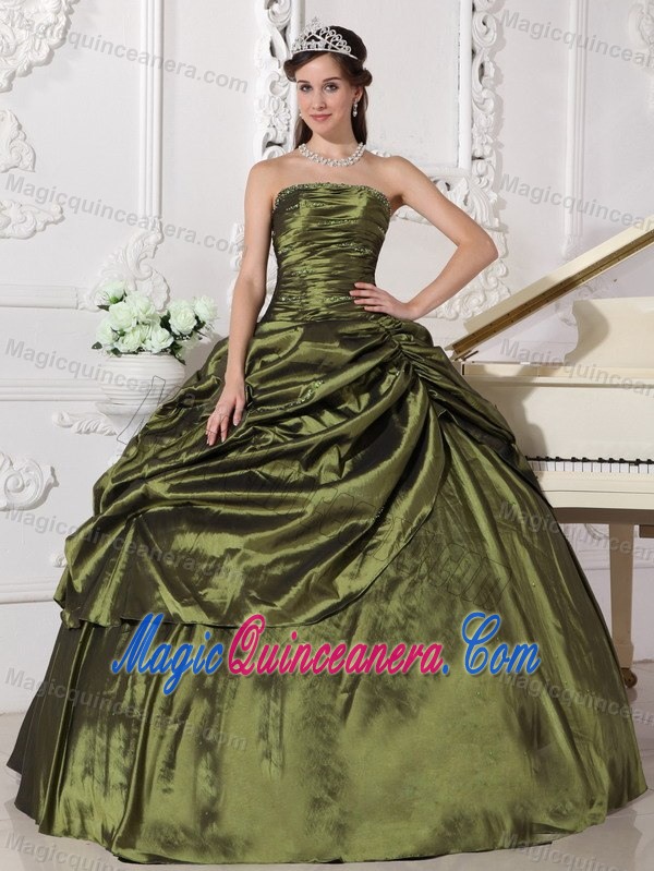Snappy Olive Green Ruched Beaded Dress for Sweet 15 Cheap