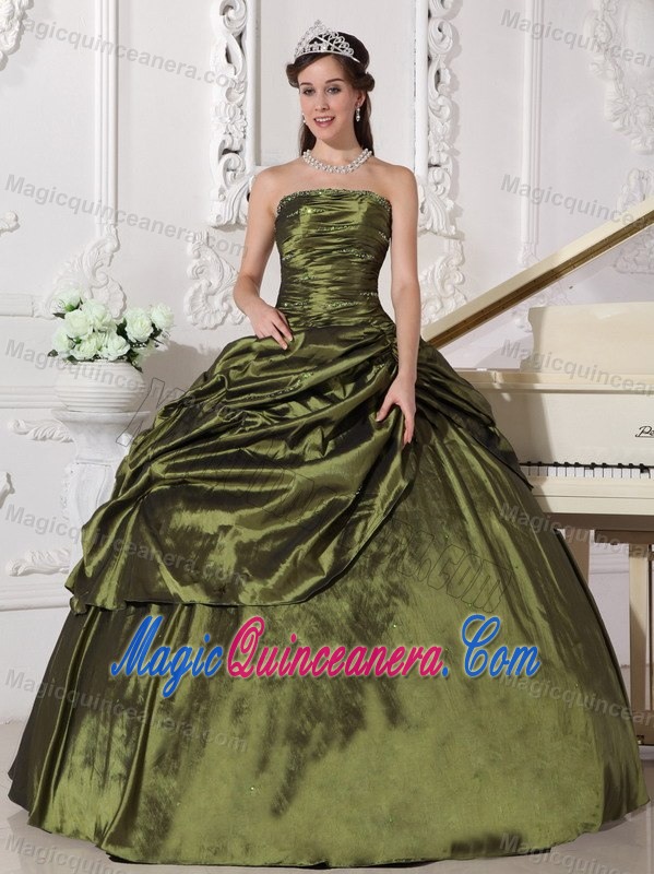 Snappy Olive Green Ruched Beaded Dress for Sweet 15 Cheap