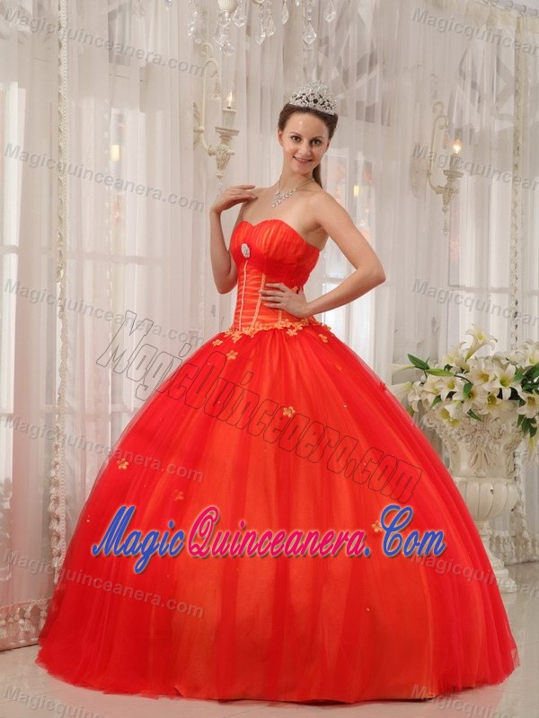Tulle Sweetheart Corset Back Coral Red Quinces Dress Cantel