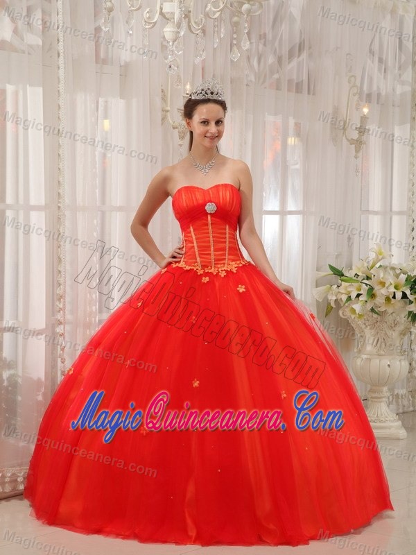 Tulle Sweetheart Corset Back Coral Red Quinces Dress Cantel