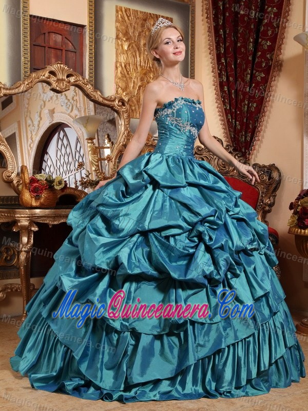 Dressed To Kill Teal Pick Ups Dress for Sweet 15 with Appliques