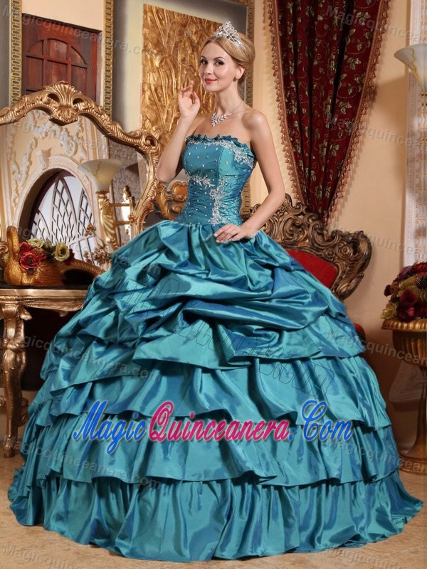 Dressed To Kill Teal Pick Ups Dress for Sweet 15 with Appliques