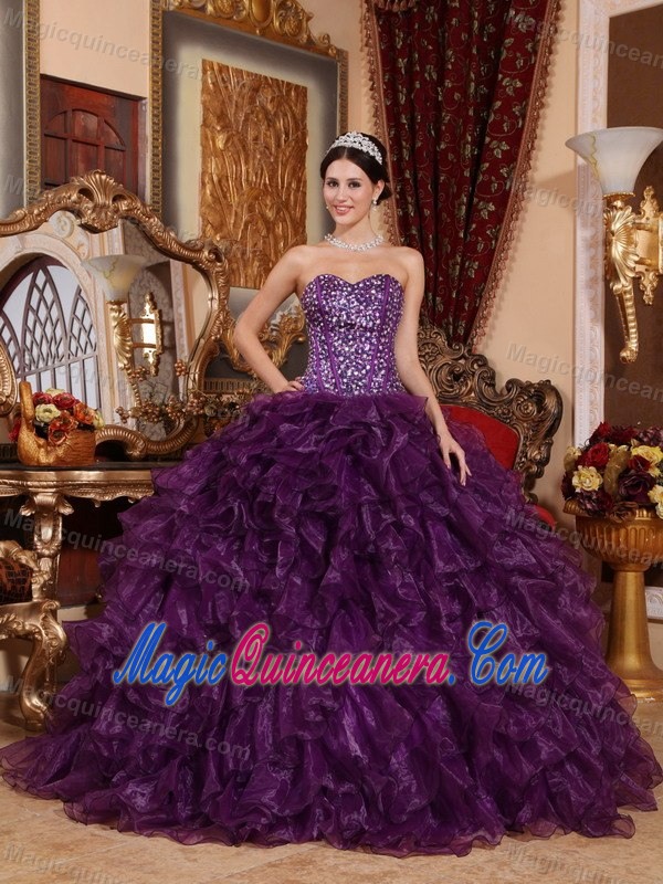 Dashing Sweetheart Beaded Ruffled Purple Sweet 15 Dresses