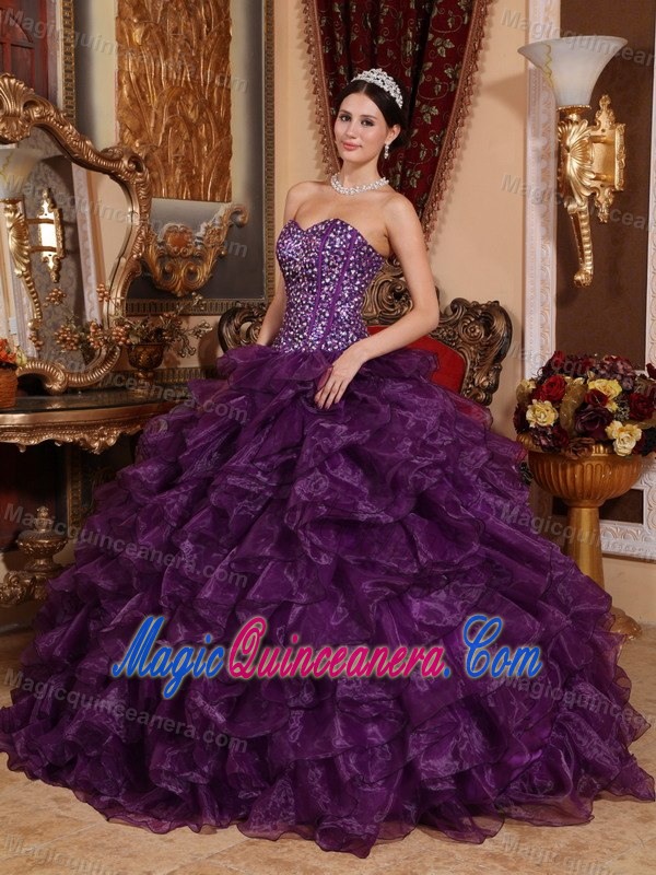 Dashing Sweetheart Beaded Ruffled Purple Sweet 15 Dresses