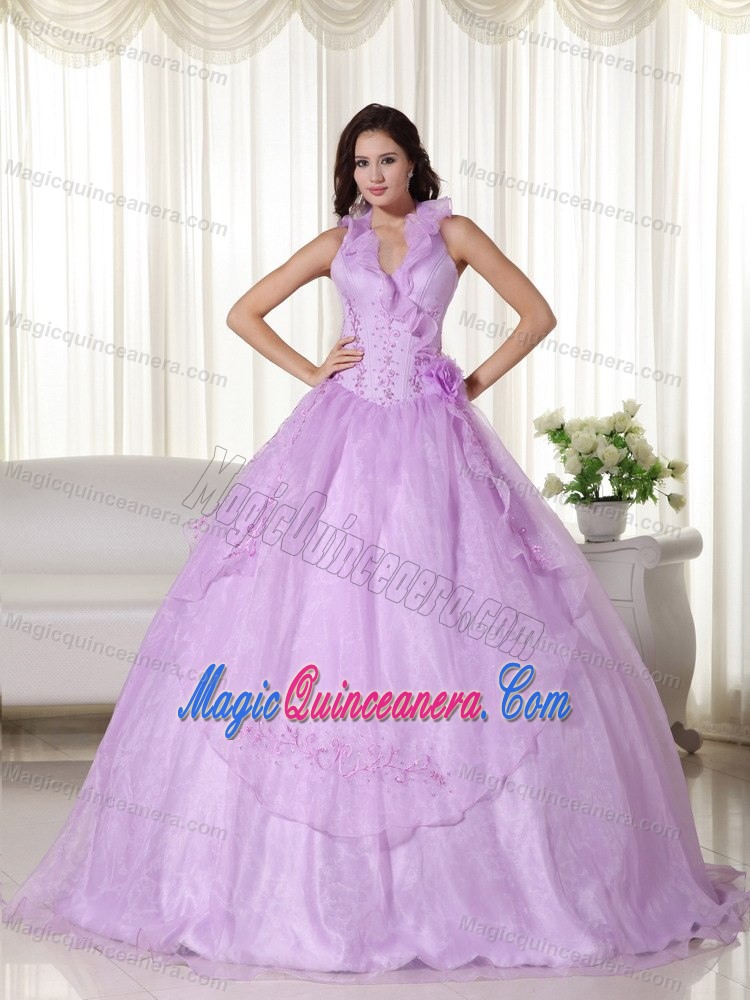 Lavender Embroidery Dress for Quince with Flounced Halter