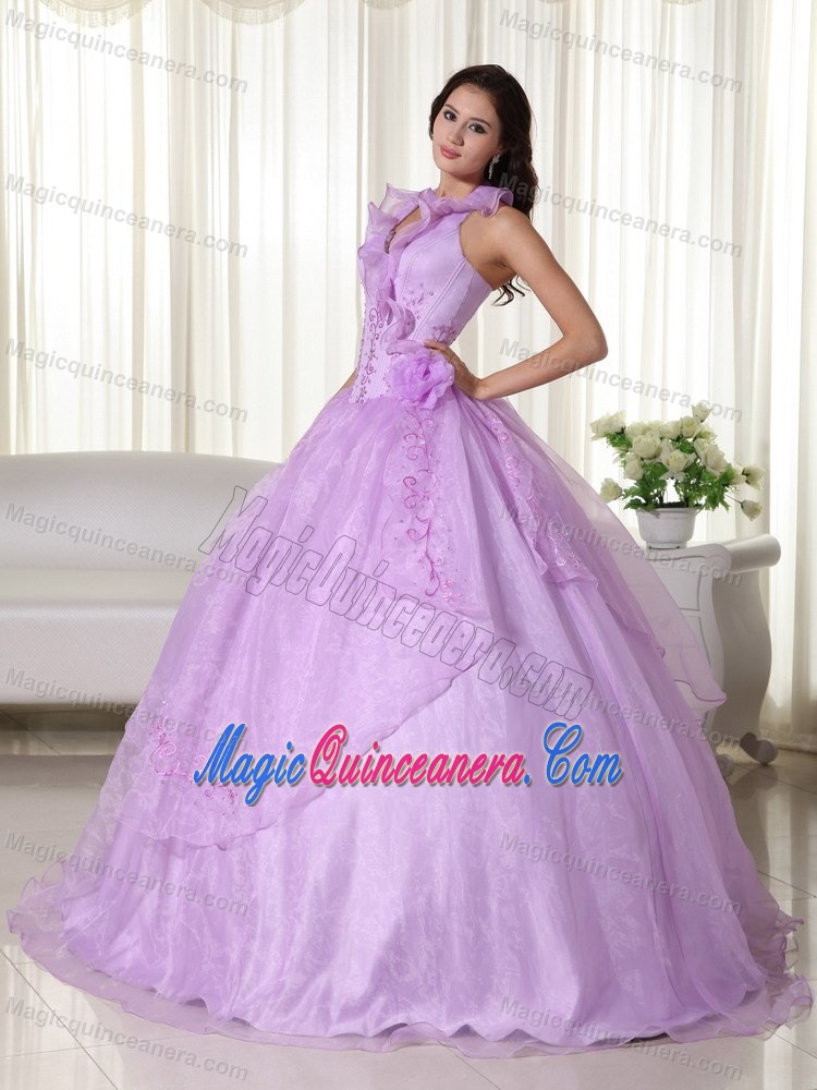 Lavender Embroidery Dress for Quince with Flounced Halter