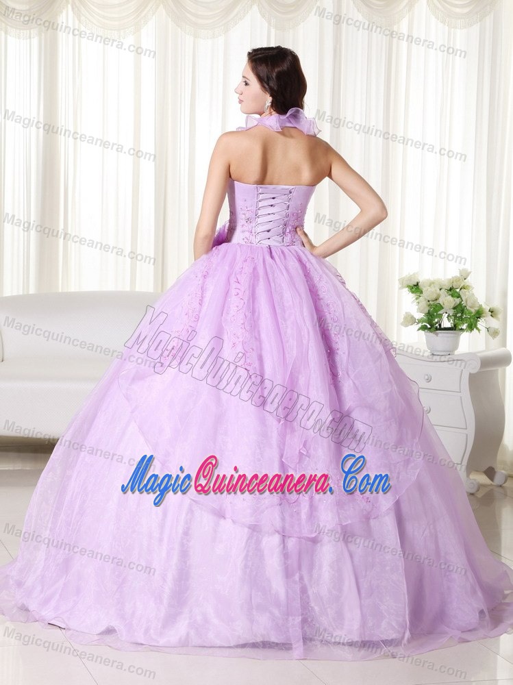 Lavender Embroidery Dress for Quince with Flounced Halter