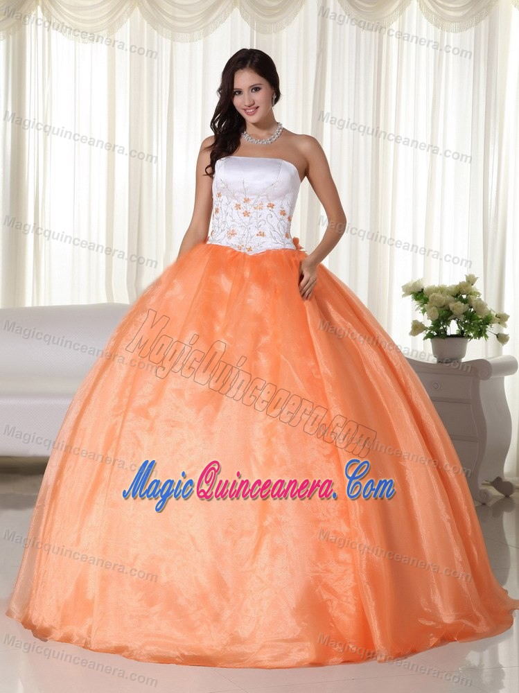 Embroidery Orange and White Ball Gown Quinceanera Dress 2014