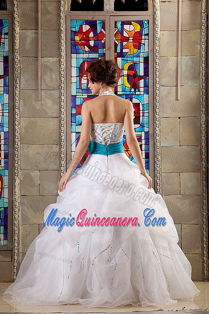 Organza Halter Lace-up White Sweet 15 Dresses with Blue Sash