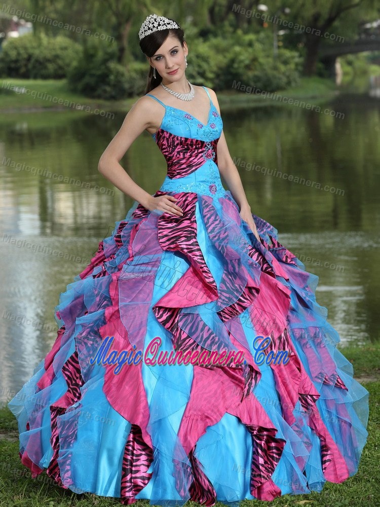 Multi-color Straps Ruffled Zebra Print Quinceanera Party Dresses