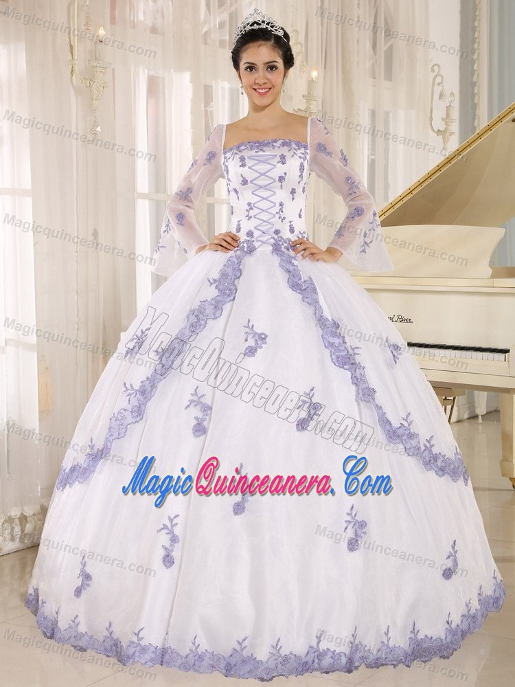 Square Neck Long Sleeves Appliqued White Quinceanera Gowns