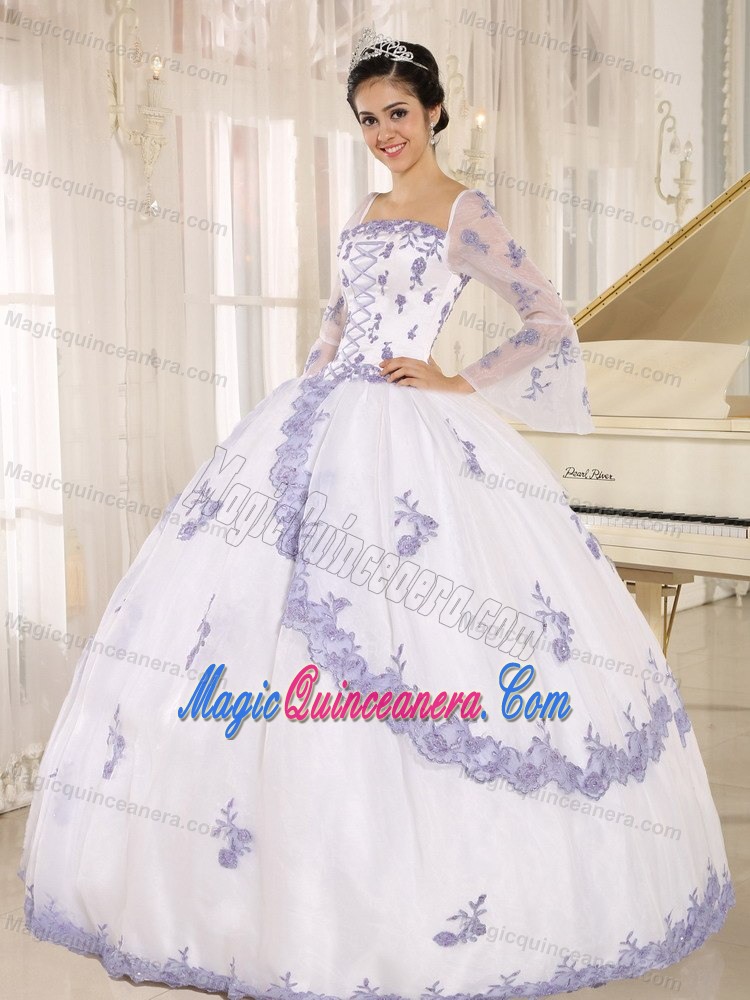 Square Neck Long Sleeves Appliqued White Quinceanera Gowns