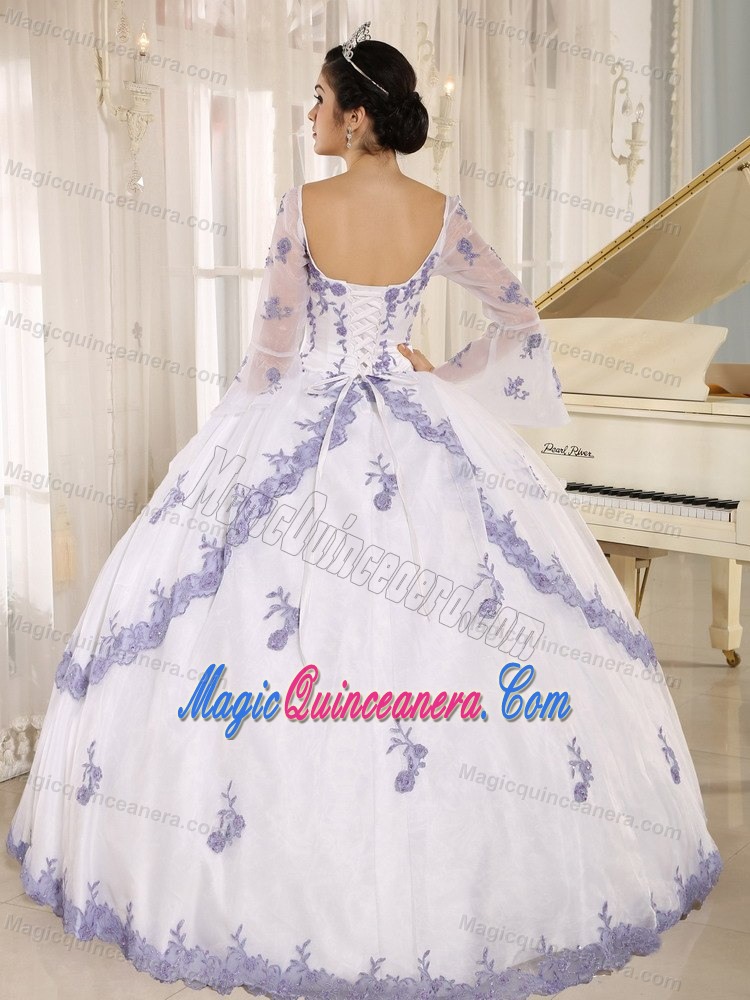 Square Neck Long Sleeves Appliqued White Quinceanera Gowns