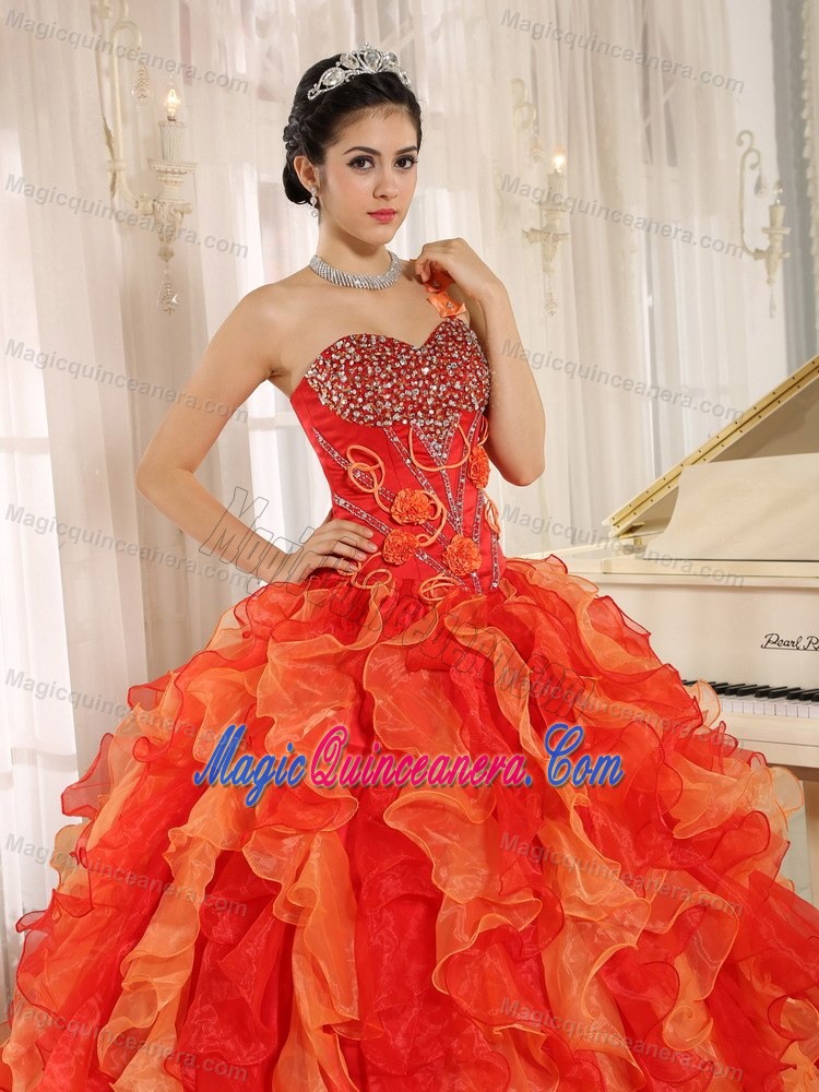 Customized one Shoulder Ruffled Beaded Orange Sweet 16 Dress