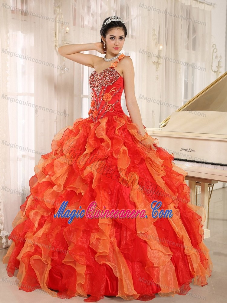 Customized one Shoulder Ruffled Beaded Orange Sweet 16 Dress