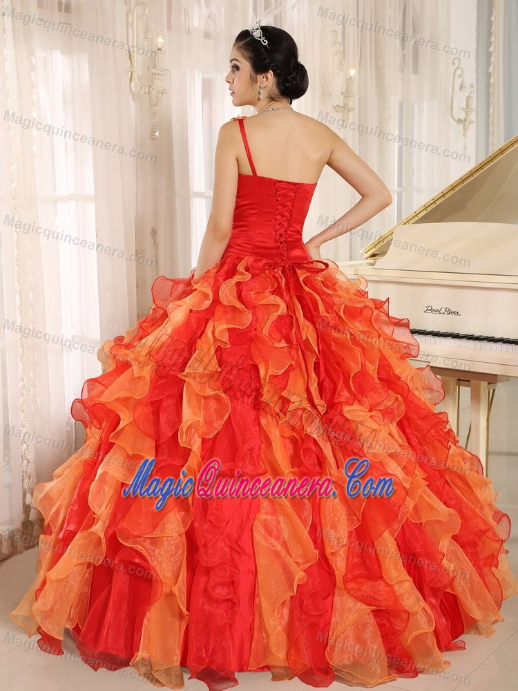 Customized one Shoulder Ruffled Beaded Orange Sweet 16 Dress