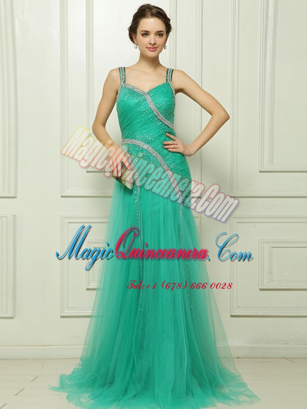 triumph Turquoise Sleeveless Organza Brush Train Side Zipper Mother Of The Bride Dress for Prom and Party