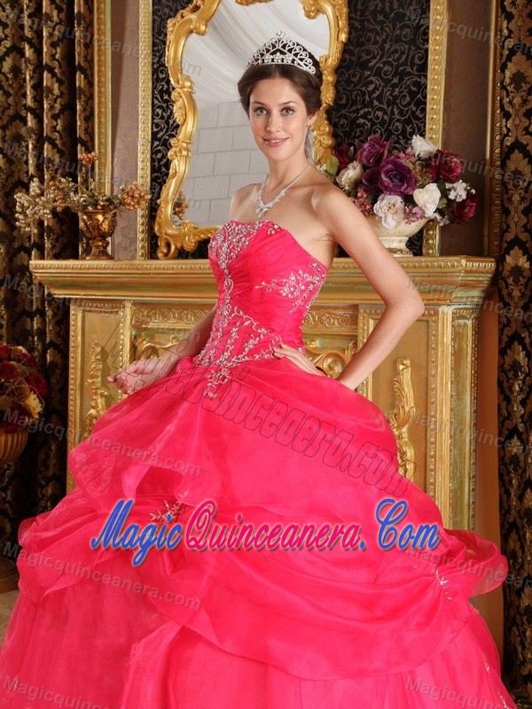 Free Shipping Pick Ups Appliqued Coral Red Sweet 15 Dresses