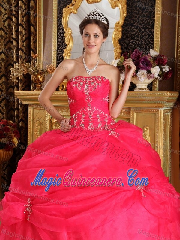 Free Shipping Pick Ups Appliqued Coral Red Sweet 15 Dresses