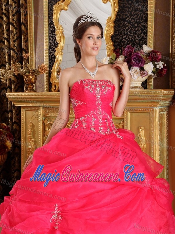 Free Shipping Pick Ups Appliqued Coral Red Sweet 15 Dresses