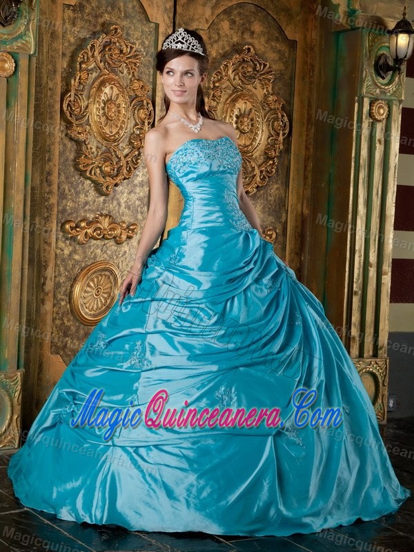 Eye Catching Strapless Appliqued Sweet Sixteen Dresses in Teal