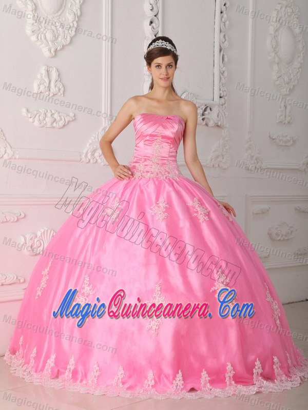 Pretty Pink Appliqued Ball Gown Quinces Dress with Lace Hem