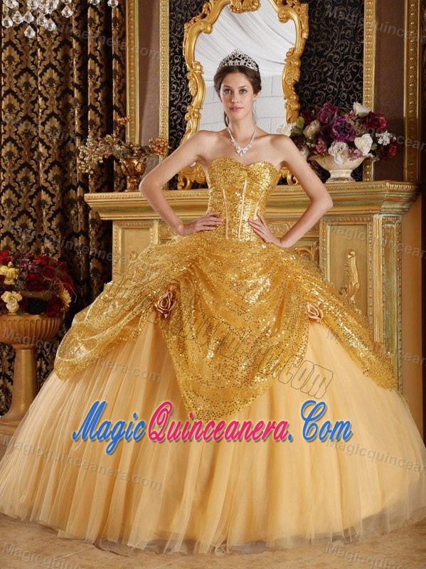Plus Size Gold Sequins Dress for Quince with Handmade Flowers